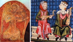 Left: Possibly the earliest depiction of a gittern, painted on a pillar of the Bayeux Cathedral crypt, 11th century, Normandy. Does this instrument have 2 courses or 4 single strings? It’s difficult to know the reality, since the anatomy of both angel and gittern in the drawing is clearly an approximation. Right: Gittern on the left and rebec on the right, as portrayed in the Cantigas de Santa Maria, 1260-80. The gittern and rebec were essentially the same bowl-back instrument carved from a solid piece of wood, but the gittern was plucked and fretted and the rebec bowed and unfretted, which meant they had different bridges. If this representation is entirely accurate, then both instruments at this point shared 3 single strings and D shaped sound holes. As noted under the Cantigas ouds above, mediaeval artists could be rather approximate with numbers of strings and pegs, but the similarity in gittern and rebec here is so striking that I’m inclined to believe it.
