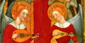 Lute and gittern playing together from Pere Serra’s Virgin of the Angels, 1480s (detail), a section of an altarpiece now in the National Museum of Art of Cataluña.