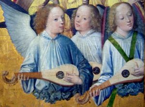 Angels playing 5 course gitterns with quills, painted by the Master of the Lyversberger Passion (detail), 1460-1490, Cologne, Germany.