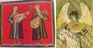 Left: Ouds as depicted in the Cantigas de Santa Maria, 1260-80. Be careful about the number of strings and pegs shown: mediaeval portrayers of stringed instruments sometimes showed the general outline and characteristics and then included a random number of strings and pegs. The oud on the left has 9 strings and 9 pegs; on the right we have 9 strings and 12 pegs. Mediaeval artists had also not yet got to grips with dimensions and perspective – that would come in the renaissance – so the pegbox, instead of being at an angle back from the neck, is shown helpfully flattened upwards so we can see it. There is a hint of 3D, though: I love the way the musicians are standing with one foot on the frame, the other foot coming towards us beyond the frame. Right: One of the first depictions of the transformation from oud to mediaeval lute, c. 1300, embroidered on the Steeple Aston cope, England.