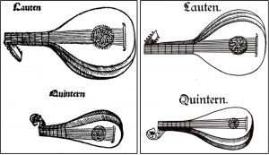Lute and quintern (mandore) in Sebastian Virdung’s Musica getutscht, published in Basel in 1511 on the left; and the same two instruments on the right from Martin Agricola, Musica instrumentalis deudsch, published in Wittenberg in 1529.