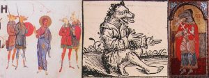 Left to right: dog-heads in the Kiev Psalter, Ukraine, 1397; in the Nuremberg Chronicle, 1493; ikon of Saint Christopher, Athens, 17th century Byzantium.