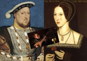 Left: Henry VIII by Hans Holbein the Younger, c. 1537. Right: Late Elizabethan portrait of Anne Boleyn, possibly from a lost original of 1533–36. Inset: Henry VIII as portrayed in The Tudors, composing Greensleeves for Anne Boleyn.