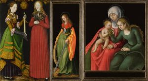 Three depictions of saintly women wearing green by German renaissance painter, Lucas Cranach the Elder, c. 1472–1553. Left to right: Saint Genevieve (with Apollonia); Saint Catherine of Alexandria; Saint Anne with the Virgin and Christ child.