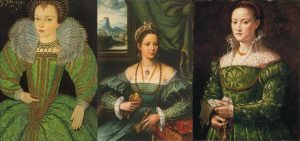 Three renaissance women wearing green. Left to right: Jane Palmer, c. 1565–before 1634, England; unknown woman, c. 1550, by Flemish painter Peter de Kempeneer; Florentine noblewoman, 1540s, painter unknown.