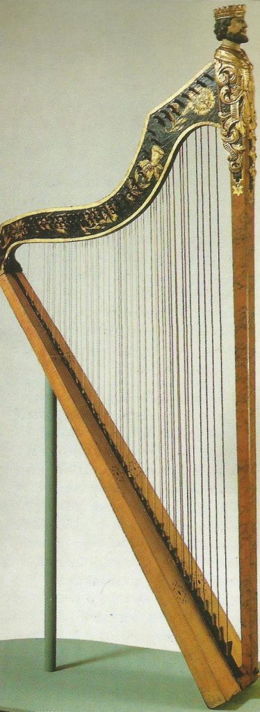 A surviving original Davidsharfe, a German double-strung harp with brays, made by Johann Volckmann Rabe in 1741.