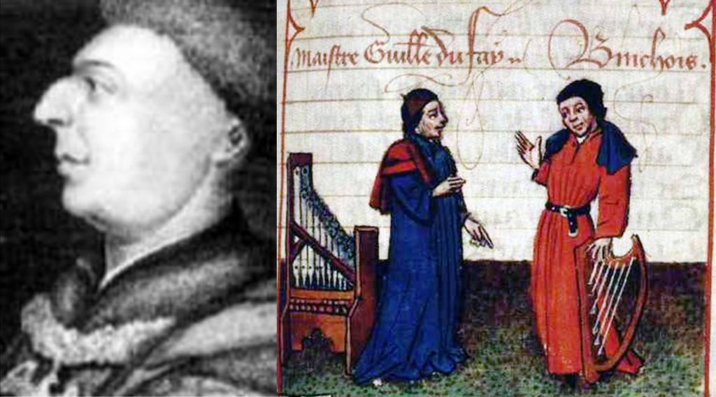 John Dunstaple, Guillaume Dufay and Gilles Binchois, three founders of the new musical style of the renaissance.