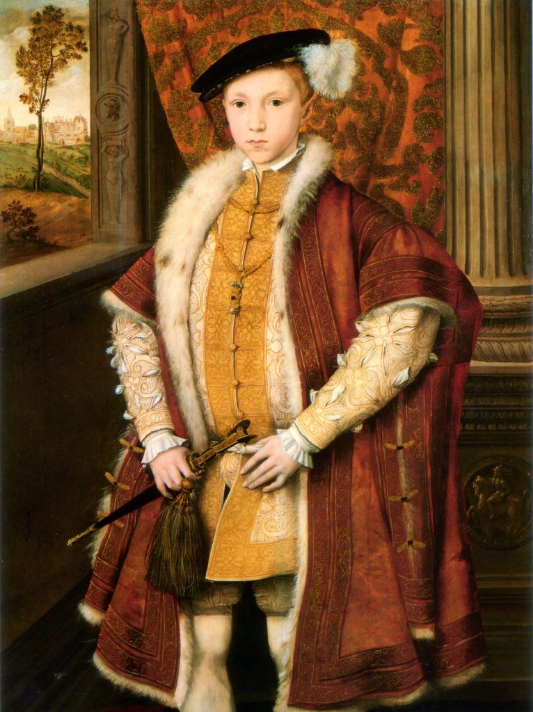 Edward VI at 9 years old, 1546, painter unknown. The clothes, the pose and, upon succession, the King's actions, all evidence of the boy carrying on his father's work.