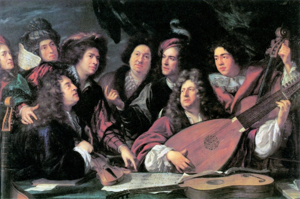 A portrait of musicians and artists by François Puget, 1688. The two key seated figures may well be the composer Jean-Baptiste Lully and librettist Philippe Quinault.