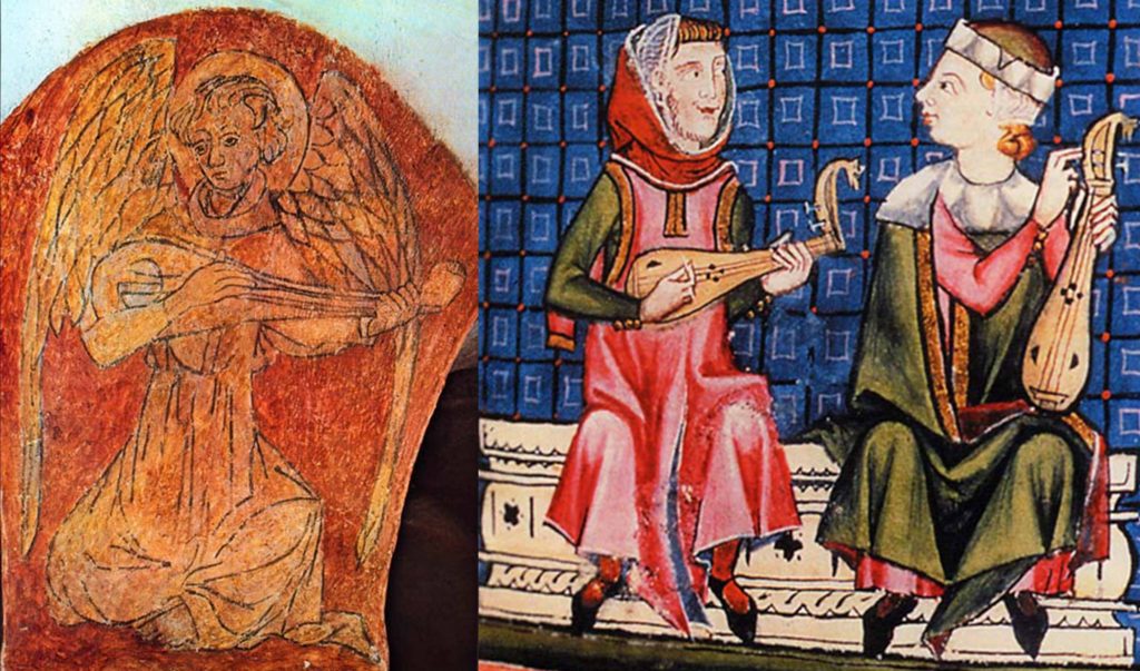 Left: Possibly the earliest depiction of a gittern, painted on a pillar of the Bayeux Cathedral crypt, 11th century, Normandy. Right: Gittern on the left and rebec on the right, as portrayed in the Cantigas de Santa Maria, 1260-80. The gittern and rebec were essentially the same bowl-back instrument carved from a solid piece of wood, but the gittern was plucked and fretted and the rebec was bowed and unfretted, which meant they had different bridges. If this representation is entirely accurate, then both instruments in this time and place shared 3 single strings and D shaped sound holes, unlike other depictions showing courses (pairs of strings) and a rose (decorated sound-hole).