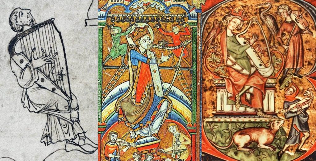 Left: The first inked illustration of a European harp, in the Caedmon or Junius manuscript, 930. Middle: The Hunterian or York Psalter of 1170, with brays, which appears to be a new introduction. (Also pictured are bells, a rebec and a vielle.) As you see with the donkey at the top of this article, it’s not the only bray harp in the Hunterian Psalter. Right: The Peterborough Psalter of 1310–20, by which time brays were standard. (Also pictured are a fiddle and a citole.)