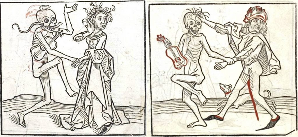 Two renaissance guitars as represented in the woodcuts of the German Heidelberger Totentanz, 1488. While this is valuable in dating early representations of guitars, the details of the instruments should be viewed with caution.