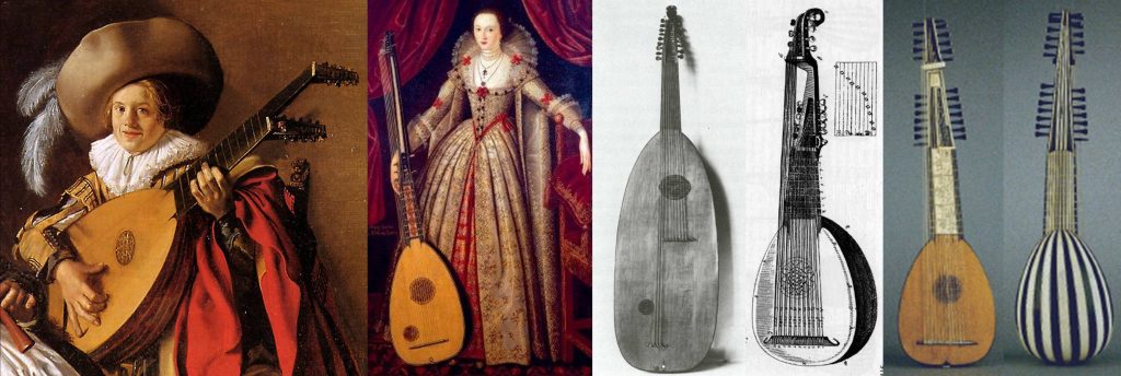 From left to right: Chitarrone in The Duet by Jan Molenaer, c.1630. Theorbo held by Mary Sidney, Lady Wroth, in a painted attributed to John de Critz, c. 1620. An experimental archlute, designed in 1594 by Alessandro Piccinini and made by Wendelin Tieffenbruchar. This failed because the basses, being played in the middle of the string length, had a weak sound. What the archlute became, as engraved in Marin Mersenne’s Seconde Partie de L’Harmonie Universelle (1637). Original liuto attiorbato made by Matteo Sellas, 1638, front and back views.