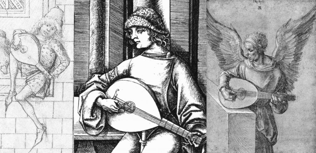 The change from quill playing to finger playing came gradually and unevenly, but was eventually universal. If we take Germany as an example, from left to right, in chronological order: finger player, from the housebook of Wolfegg Castle, 1480, anonymous artist; plectrum player in a print by Israhel van Meckenem, c. 1495; finger player in a print by Albrecht Dürer, 1497.