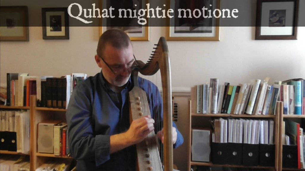 Click picture to play video – opens in new window. A song to demonstrate the bray harp, including the practice of ‘fretting’ a note, described in the article below, where the note of a string is needed both natural and sharp, or flat and natural, in the same piece of music. Quhat mightie motione by Captain Alexander Montgomery (1540?-1610?), a distant cousin of King James VI of Scotland, was set to music anonymously in the partbooks of Thomas Wode, written c. 1562-1590, and arranged for bray harp by Ian Pittaway.