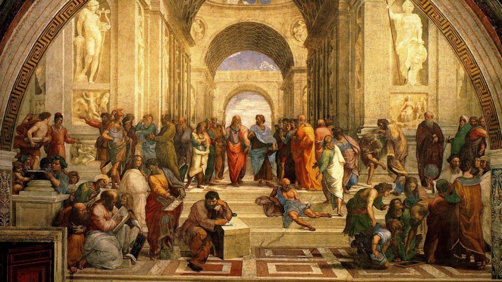 The School of Athens, a fresco in the Vatican painted 1509–1511 by Raphael (Raffaello Sanzio da Urbino), a vivid illustration of the idea of renaissance.