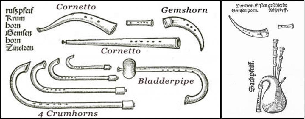 Left: The gemshorn and other instruments illustrated in Sebastian Virdung’s Musica Getutscht und Ausgezogen, 1511. Right: An identical-looking gemshorn as it appears in Martin Agricola’s Musica instrumentalis deudsch, 1529.