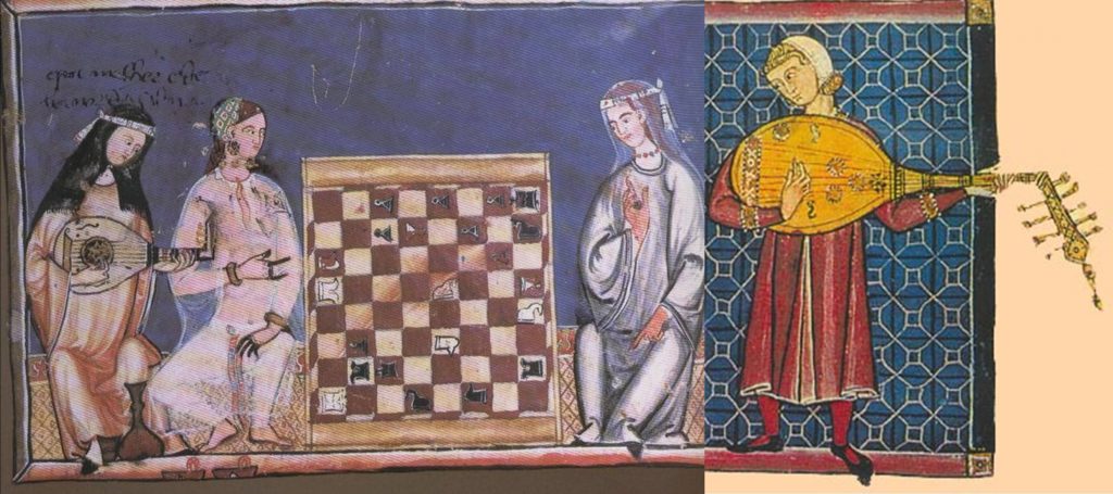 In 1283, Alfonso X commissioned a book of chess endgame problems, from which the illustration on the left comes. We see a woman in Arab clothes on the left of the board (notice the henna-decorated fingers), a woman in Christian clothes on the right of the board and, on the far left of the picture, a Christian oud player, playing with a quill and what certainly appears to be a fretted neck. The two ouds in the illustration that heads this article, taken from the Cantigas de Santa Maria, 1260–80, also commissioned by Alfonso, are fretless, as is the one above right, the placing and patterns of the lines on the neck showing them to be clearly decorative.