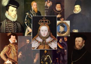 Just a few of Queen Elizabeth I’s long list of suitors: it was never going to happen. Right of QE1: King Charles IX of France. Top row, left to right: Henry de Valois, Duke of Anjou; Erik XIV of Sweden; James Hamilton, second Earl of Arran; Felipe II of Spain. Bottom row, left to right: Robert Dudley; Alfonso d'Este, son of the Duke of Ferrara; Archduke Ferdinand of Austria, Holy Roman Emperor; Frederick II of Denmark; Henry Fitzalan, Earl of Arundel.