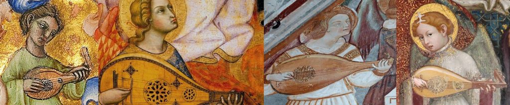 The iconographical evidence suggests that western lutes were without frets until around 1400, just at the time when lute images, little seen previously, began to proliferate. Here we have 4 Italian images of lutes, all fretless, from this transitional period. Left to right, they are details from: anonymous, The calling of Saints Peter and Andrew, MS 34, f.172, Bologna, 1389-1404; Andrea di Bartolo, The Coronation of the Virgin, 1405-07; anonymous, mural in San Francesco Church at Giffoni Valle Piana, Venice, c. 1400; Ottaviano Nelli, Madonna del Belvedere, Church of Santa Maria Nuova, Gubbio, 1403.