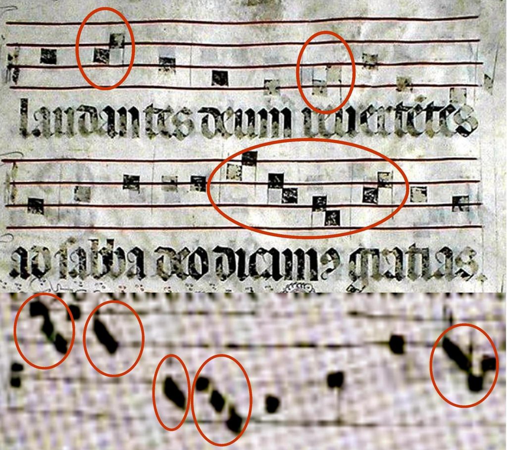 Above we see groups of neumes close together and touching, indicating melismata, from the Miller Nichols book, containing Gregorian chant from the 10th to the 16th centuries. Below we have the same in bryd one brere, written in a much rougher fashion, at times difficult to discern.
