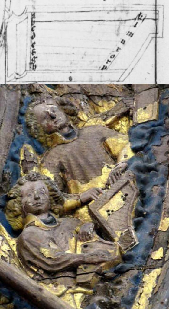Above, perhaps the oldest image of a member of the harpsichord family in the Berkeley Theory Manuscript, before 1361. It appears to be a psaltery with a keyboard, incompletely-drawn. The order of notes is certainly the correct way round for a keyboard. Below, the earliest complete image, a clavicembalum, shown next to a psaltery which was half its inspiration, the other half being the organ. From a circle of angel musicians on an altar piece from Minden, Lower Saxony, Germany, now in the Bodemuseum at Berlin, dated to 1425. This image has not been reversed: the clavicembalum really is represented with notes low to high from right to left. With thanks to Arnold den Teuling of Assen, Netherlands, for permission to use his photograph, and to the Bodemuseum, Berlin, for their unrestricted photography policy.
