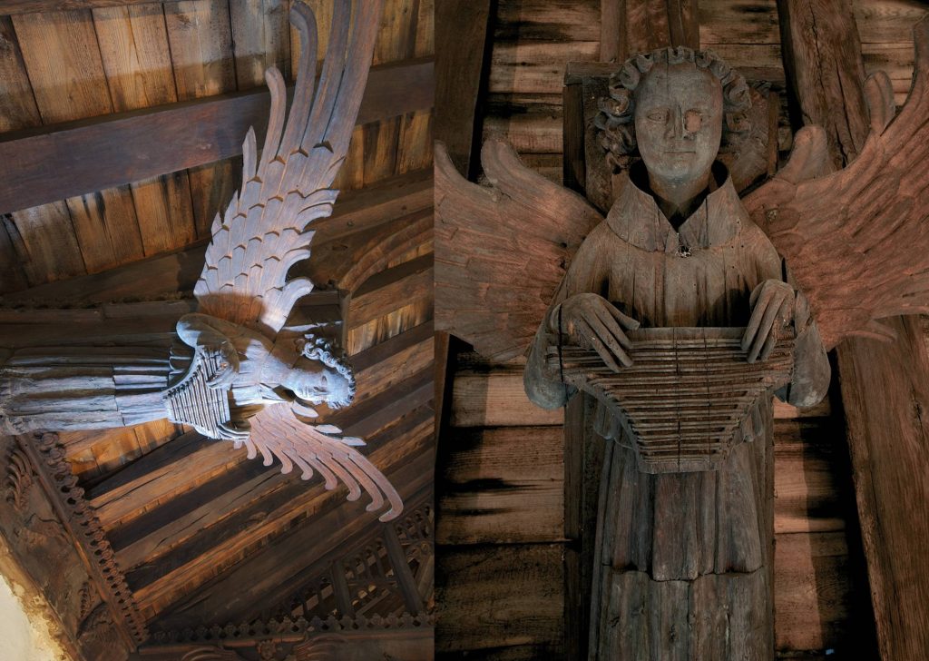 A psaltery-playing roof angel in Saint Nicholas’ Church, King’s Lynn. Pictures used with the kind permission of author Michael Rimmer.