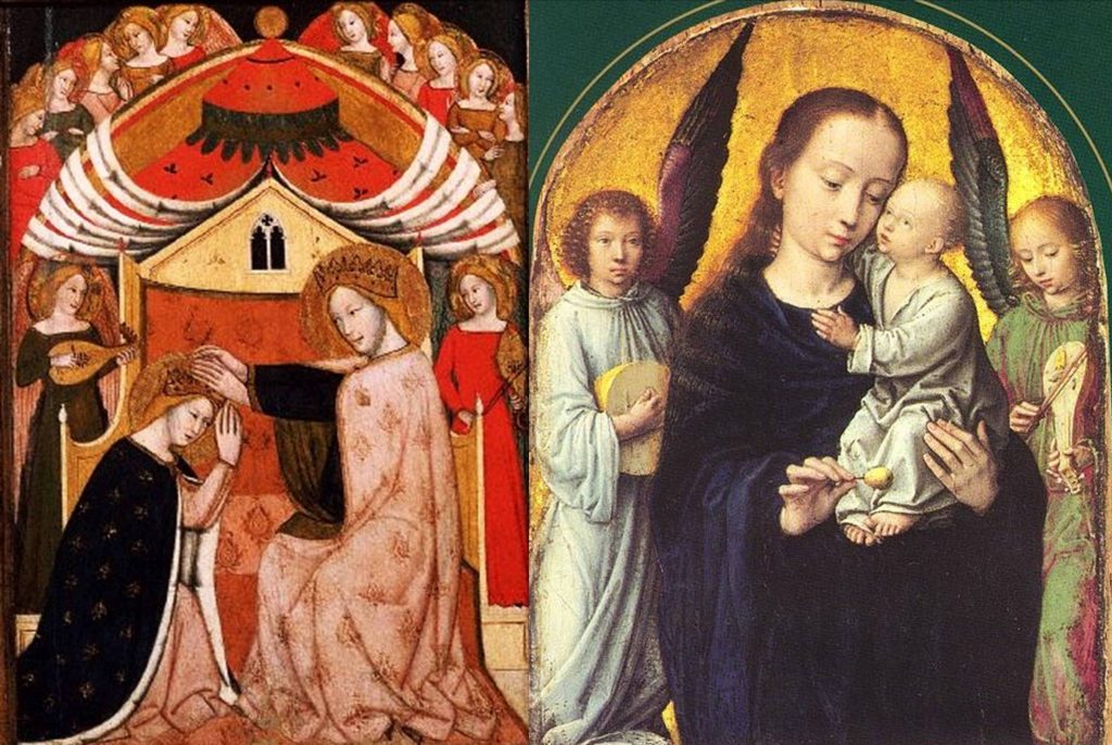 Two holy pairings of the rebec and lute. Left: Vitale da Bologna, Italy, Coronation of the Virgin, 1353. Right: Gerard David, Netherlands, Madonna with angels making music, c. 1500.