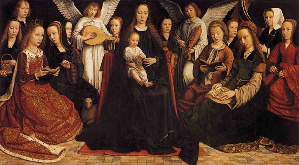 Duetting lute and rebec in Gerard David’s The Virgin among angels, Netherlands, 1509.