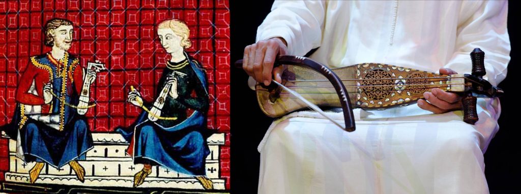 Left are two two-stringed rebabs as portrayed in the Cantigas de Santa Maria, c. 1260-80. It is noteworthy that the man on the right is clean-shaven, and therefore he’s a Christian, as only Jews and Muslims wore beards – Jews always, Muslims frequently – and the man on the left is therefore a Muslim or a Jew. King Alfonso, who commissioned the Cantigas, positively encouraged cross-cultural learning, making this beautiful book a valuable source of information about cross-cultural musical exchange. On the right is the same instrument, very similar in design to the Cantigas rebab, likewise with two strings, two decorated roses and played with the same type of arced bow, still played in Morocco today. Rebabs in Egypt, Turkey, Indonesia, etc., have developed a variety of other shapes, sometimes with three strings rather than two.
