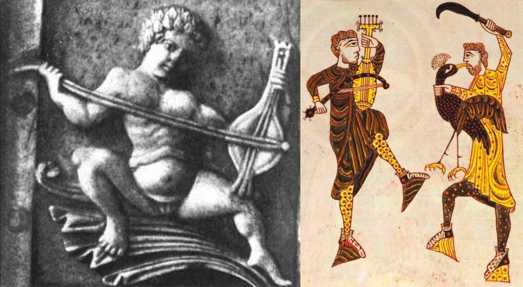 Left: Byzantine rebab, c. 1000, now in the Museo Nazionale, Florence. Right: What certainly appears to be a five string rebab (five strings tarrying with five tuning pegs) in a Spanish antiphonarium completed in 1109, now B.L. Add. 11695.