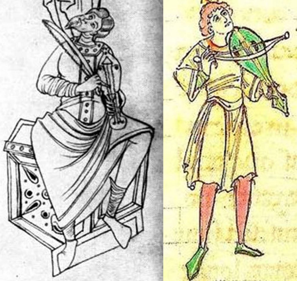 Left: The earliest example of an identifiable European rebec in the Catalan Psalter, c. 1050. There are two obvious mistakes in the drawing – no bridge and an impossibly contorted left hand – but the playing style on the arm and the shape of the instrument clearly indicates a rebec carved from solid wood. Right: Detail of a rebec player in the English manuscript, BL Arundel 91 (f. 218), a Passionale (Lives of the Saints) originating in Canterbury in the first quarter of the 12th century. Both illustrations are before the word rebec emerged in the 14th century, but they clearly are rebecs. There is a difference in the shape of the soundholes on these two instruments, and further variety is seen over time, including soundholes resembling the letters C, D, O, S, f, or E, and sometimes a decorated rose positioned halfway between the soundholes and the fingerboard.
