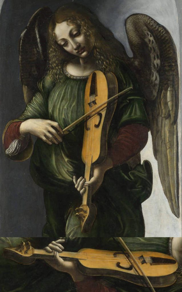 Angel in green with vielle from the Immaculate Conception Altarpiece, once in San Francesco Grande, Milan, painted by an associate of Leonardo da Vinci and Giovanni Ambrogio de Predis, possibly Francesco Napoletano, 1490–99. This vielle has the characteristic low, flat bridge, and 1 of its 5 strings is off the fingerboard as a bourdon. We see here that the bourdon is being bowed.