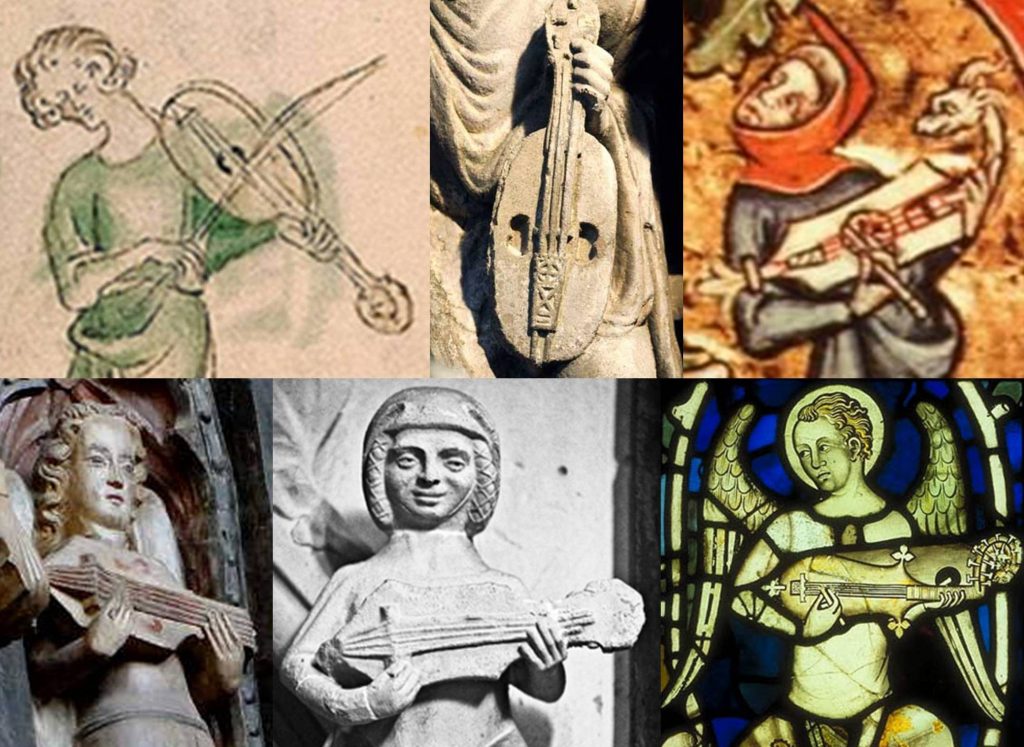 From left to right (click for larger view): a vielle from the Queen Mary Psalter, England, 1310–20 and from the Gate of Glory in Santiago de Compostela, Spain, 1188, both showing the end-pin attachment and tail-piece always seen on fiddles; a citole from the Peterborough Psalter, England, c. 1299-1315, showing the same arrangement, seen on the majority of citoles; English citoles from Exeter Cathedral, 14th century, and Beverley Minster, 15th century, both showing end-pins and a bridge (presumably not fixed, as is usual with this arrangement) but without the tail-piece – the Exeter citole also has sound-holes cut into the body, as with the Berkeley instrument; and a citole in a window of Lincoln Cathedral, England, 14th century, which lacks end-pins and a tail-piece, instead having a fixed bridge, like the Berkeley illustration. Could the fixed bridge be a coincidental mistake on the part of the Exeter and Berkeley artists, or an accurate representation of uncommon citole-making practice?