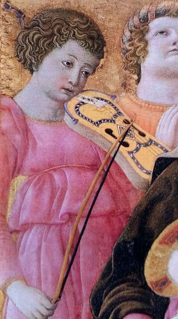 3 string vielle, a detail from Domenico di Bartolo’s painting, Madonna of Humility, Italy, 1433.