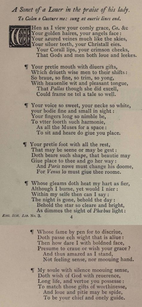 Calen o Custure me as it appeared in the English Scholar’s Library 1878 reprint of A Handefull of pleasant delites, 1584. (As with all pictures, click for larger view.)