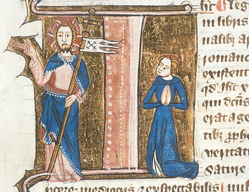 Jesus and a worshipper, from British Library Royal 6 E VII f. 232v, c. 1360 – c. 1375.