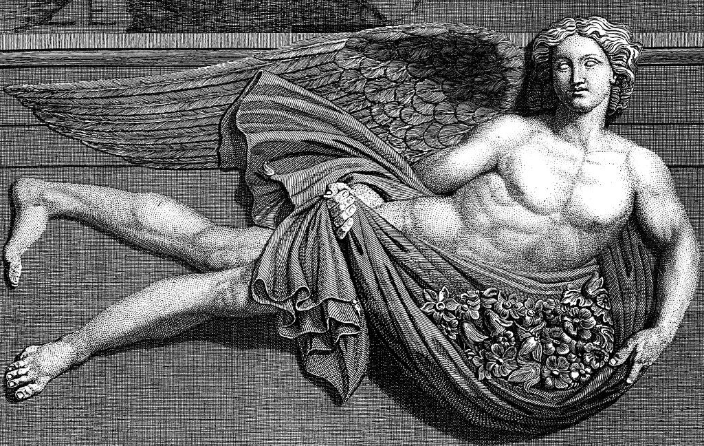 Zephyrus as depicted on the Temple of the Winds, Athens.