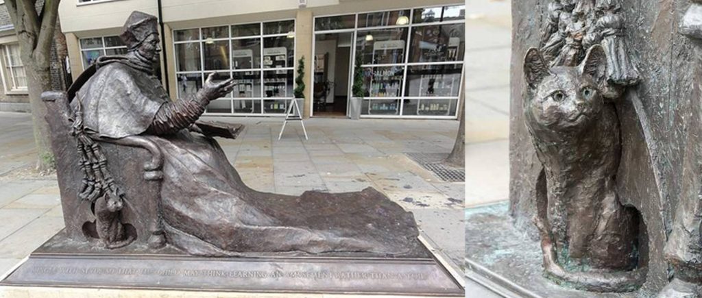 David Annand’s statue of Cardinal Wolsey in Ipswich, shown with his pet cat.