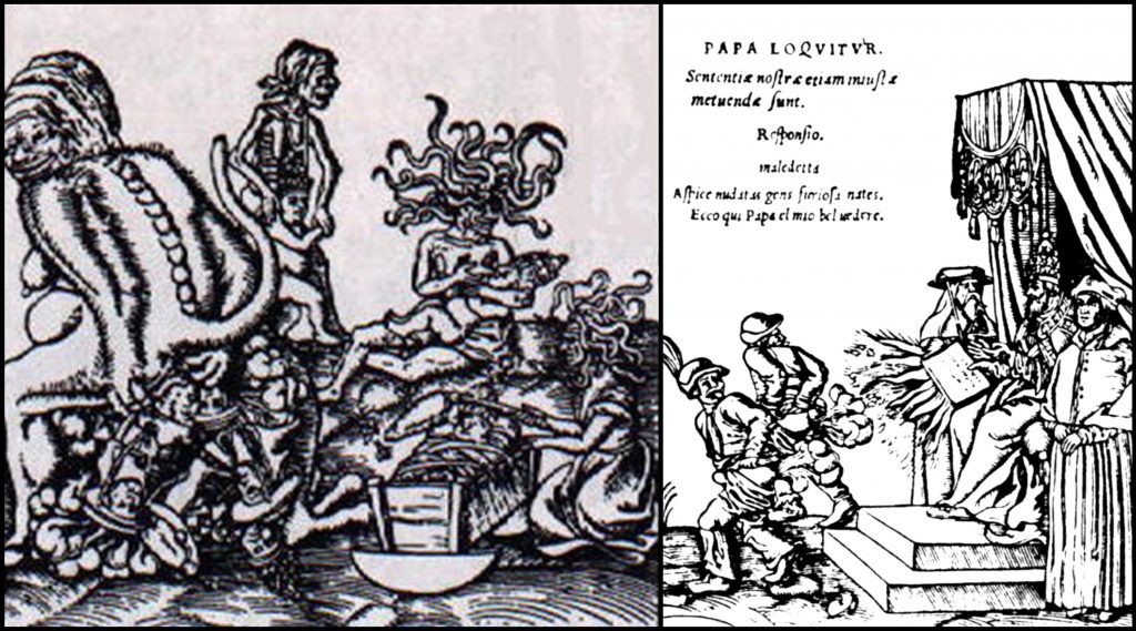 Two woodcuts by Lucas Cranach the elder. Left, The Birth and Origin of the Pope showing a female demon excreting a pontiff, and right, Papal Belvedere, showing two Germans farting at the pope and his papal bull.