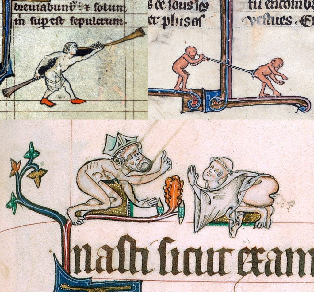 Top left: Another pair of trompettes played by one windy man, from a Book of Hours, Flanders, 14th century. Top right: I imagine the ape on the left has had enough of receiving windy offerings from the ape on the right, so he’s giving some back into the appropriate pipe. From Le Livre de Lancelot du Lac, France 13th century. Bottom: Why is this bishop pointing to heaven while naked? Why is he talking to this monk while he’s farting fulsomely? From the Gorleston Psalter, Norfolk, England, c. 1310–1324.