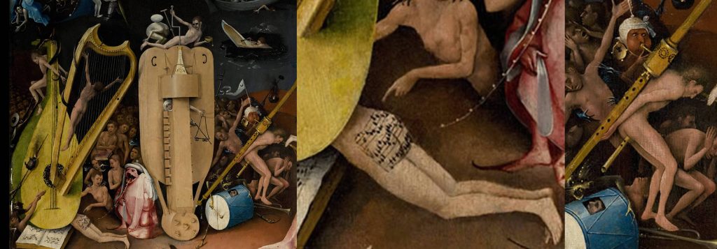 Part of the hell panel of Hieronymous Bosch’s triptych, The Garden of Earthly Delights, c. 1500, with two further details depicting bum notes. In the middle we see a sinner’s buttocks used as a score by a frog/man hybrid dressed as a church precentor or cantor. (The music, lacking a clef and with no distinct note values, is meaningless.) On the right we see a sinner made to carry a huge bombard/bombard/shawm across his back, while he plays a fife with flatus = flatulence.