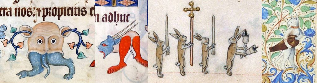 Beautiful fanciful marginalia, left to right: two hybrids from the Luttrell Psalter, England, c. 1325–1340; processional hares from the Gorleston Psalter, Norfolk, England, 1310-1324; and a cat with a hurdy gurdy, Book of Hours, France, c. 1485-1490.