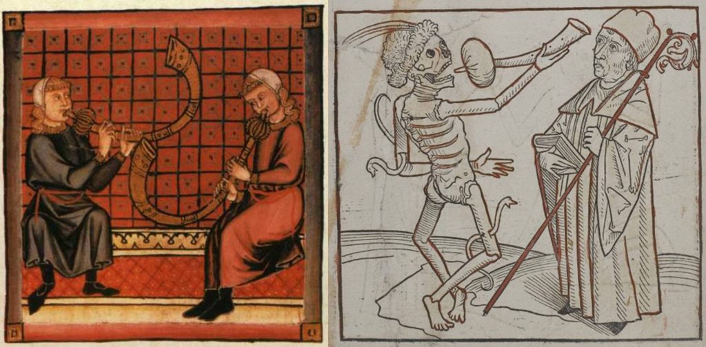 Left: Bladder pipes from the Cantigas de Santa Maria, c. 1260–80, a book of songs in praise of the Virgin Mary. Its commissioner, Alfonso X, ruled regions now in Spain and Portugal. Right: A bladder pipe from the Heidelberger Totentanz, 1488, a German book of 38 prints from woodcuts, author unknown, depicting the dance of death. You can see and hear a bladder pipe being played here.