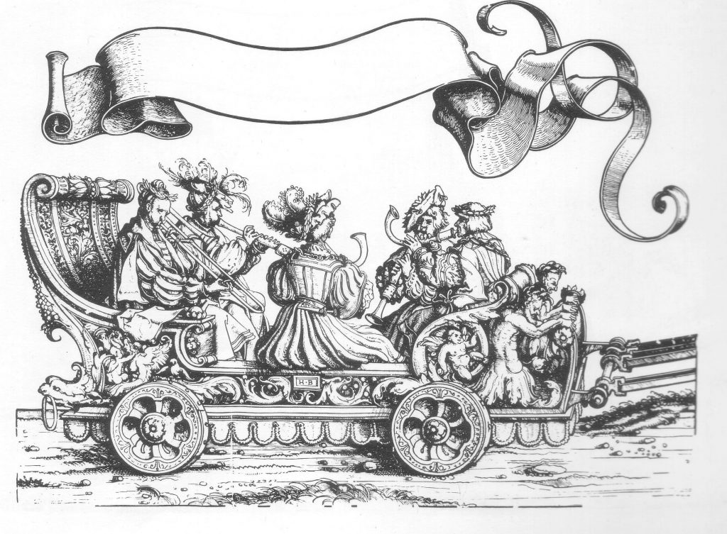 "Schalmeyen, Pusaunen vnd Krumphörner" – shawms, sackbut and crumhorns – in the woodcut by Hans Burgkmair for Maximilian I’s Triumphzug, 1516-18.