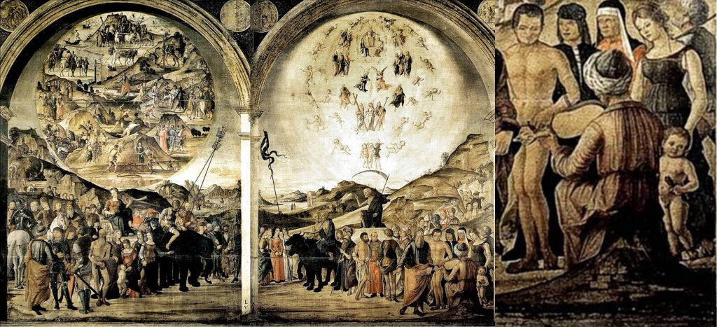 Left: Lorenzo Costa’s painting, The Triumph of Death, 1488–90. Right: The small detail in the bottom right corner of a seated vielle player and, on his right, a small child holding a crumhorn.