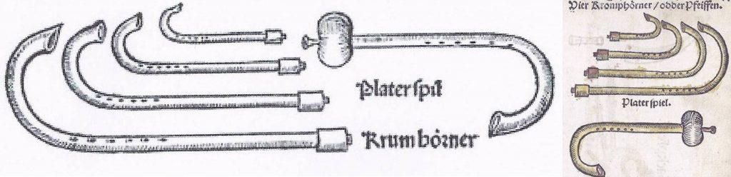 2 German illustrations of the crumhorn consort. Left: From Sebastian Virdung, Musica getutscht, 1511, showing 4 crumhorn sizes, though the text describes only 3. Could the smallest be Corteccia’s stortina and Praetorius’ exilent? Next to them is a "Platerspil", a bladder pipe. Bottom left: Illustrations identical to Virdung but reversed in Martin Agricola, Musica instrumentalis Deudsch, 1529, also with a "Platerspiel", a bladder pipe.