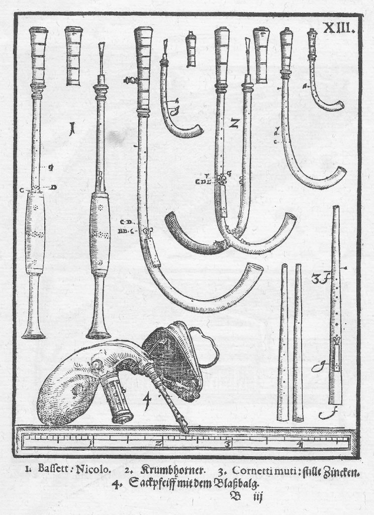 Michael Praetorius, Syntagma musicum II, 1619, numbers his illustrations: 1. the mysterious “Bassett: Nicolo”, an otherwise unknown instrument whose identity and very existence is now debated, but which appears to be a hybrid of the extended bass crumhorn and bassett (between tenor and bass) shawm http://www.fomrhi.org/uploads/bulletins/Fomrhi-064.pdf ; 2. the crumhorn family; 3. cornetts; 4. bagpipes.