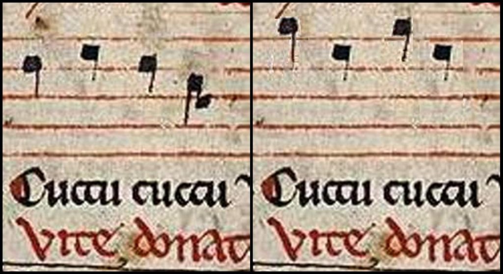 Left, the manuscript with notes clearly amended by the scribe. Right, the original notes digitally restored.