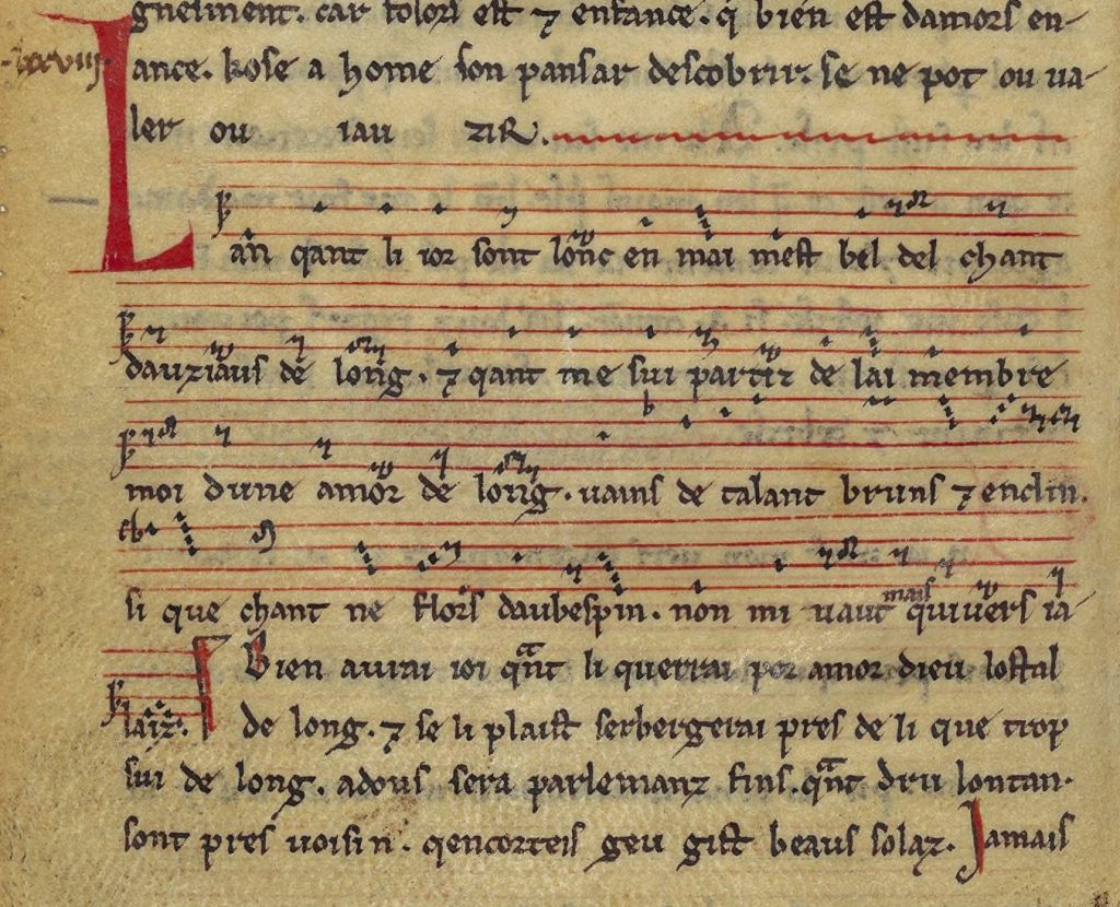 Lanquan li jorn son lonc e may – When the days are long in May – by Jaufre Rudel, in f. 81v of the 13th century manuscript from Lorraine, the Chansonnier de Saint-Germain-des-Prés, also known as chansonnier X (or U), now in the Bibliothèque nationale de France, Paris, as français 20050. Pitches of notes are clear, rhythm is not.